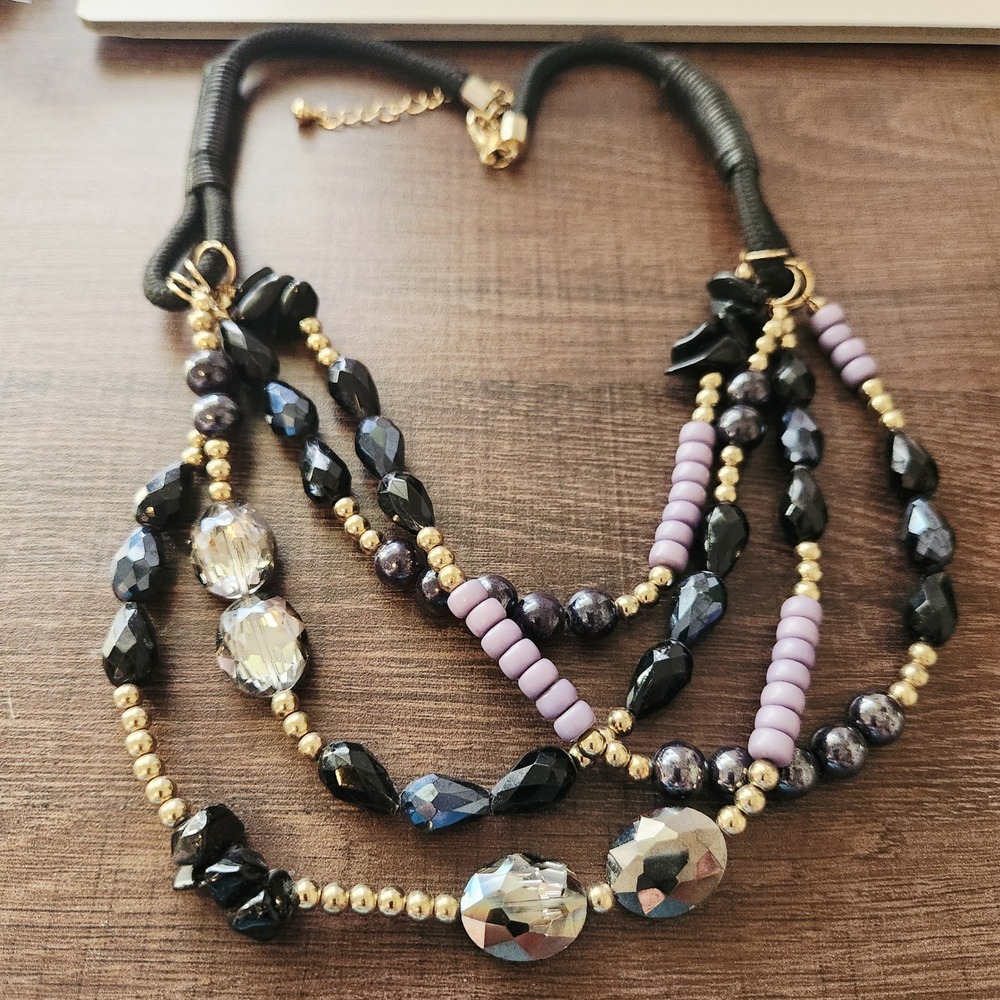 Multi Strand Statement Necklace Black Purple Gold Beaded Layered Cord Adjustable